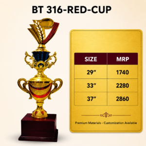 Premium Gold Trophy Cup with Wooden Base – BT 316 Red Cup | Sports Trophy